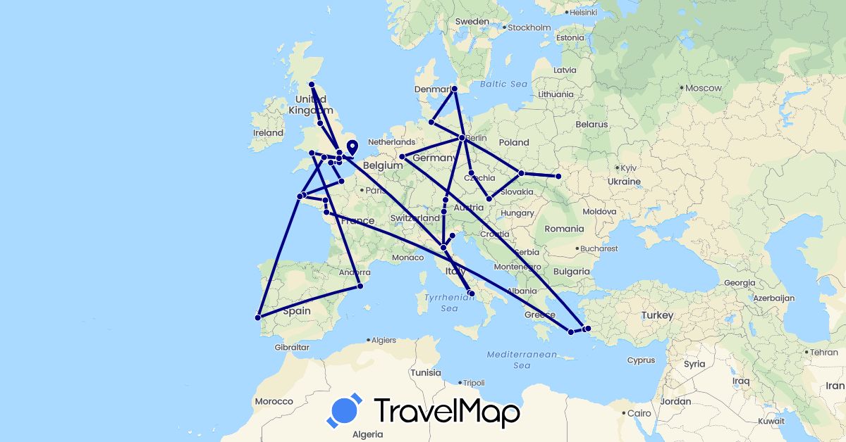 TravelMap itinerary: driving in Austria, Czech Republic, Germany, Denmark, Spain, France, United Kingdom, Greece, Italy, Poland, Portugal, Turkey, Ukraine (Asia, Europe)